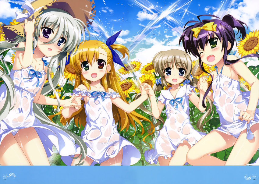 4girls :d ;d absurdres antenna_hair armpits blonde_hair blue_eyes blue_ribbon blush bow breasts clouds cloudy_sky collarbone corona_timir cowboy_shot day dress einhart_stratos fang flat_chest flower fujima_takuya green_eyes hair_between_eyes hair_bow hair_ribbon hand_holding hat heterochromia highres interlocked_fingers light_brown_hair long_hair lyrical_nanoha mahou_shoujo_lyrical_nanoha multiple_girls neck_ribbon official_art one_eye_closed open_mouth outdoors panties red_eyes ribbon rio_wezley see-through silver_hair sky small_breasts smile straw_hat sun_hat sundress sunflower twintails two_side_up underwear violet_eyes vivio water wet wet_clothes wet_dress white_dress white_panties yellow_bow