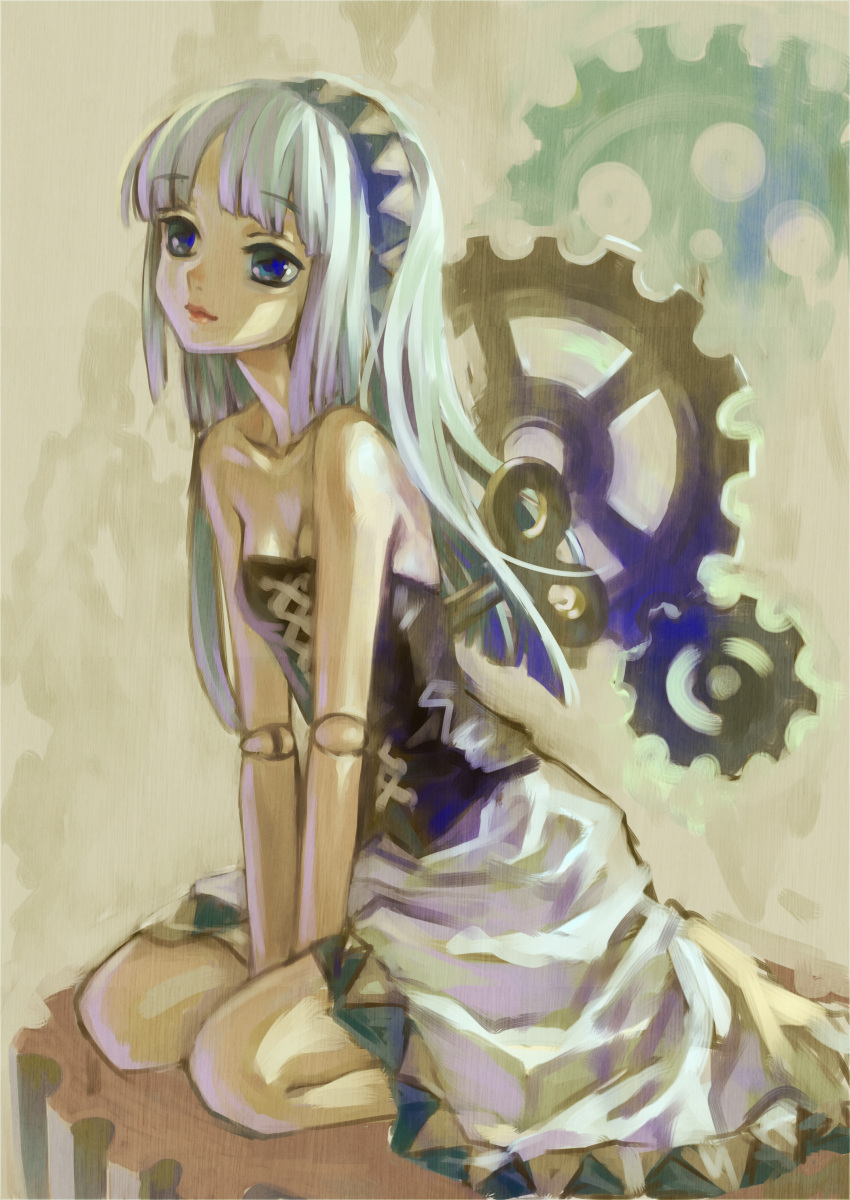 1girl absurdres ama-tou between_legs blue_eyes breasts cleavage collarbone cross-laced_clothes doll_joints gears hairband hand_between_legs highres light_smile lips long_hair looking_away original pink_lips seiza silver_hair sitting small_breasts strapless winding_key