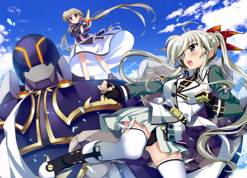 2girls absurdres belt black_panties blue_eyes blue_sky blush boots brown_hair brunzel clenched_hand clouds corona_timir crossed_arms dagger einhart_stratos energy_blade fighting fighting_stance fingerless_gloves fujima_takuya gloves golem green_hair hair_ribbon heterochromia highres jacket long_hair long_skirt long_sleeves looking_at_another lyrical_nanoha mahou_shoujo_lyrical_nanoha_vivid multiple_girls open_mouth outdoors panties pleated_skirt ribbon skirt sky thigh-highs twintails underwear upskirt violet_eyes weapon