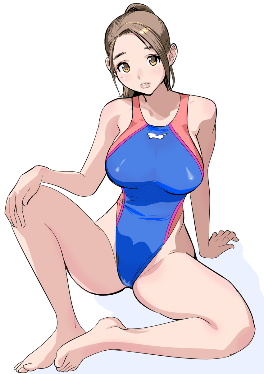 1girl barefoot blue_swimsuit breasts brown_eyes brown_hair competition_swimsuit dtym hand_on_own_knee highleg highleg_swimsuit highres large_breasts lips long_hair looking_at_viewer one-piece_swimsuit original parted_lips ponytail sitting swimsuit