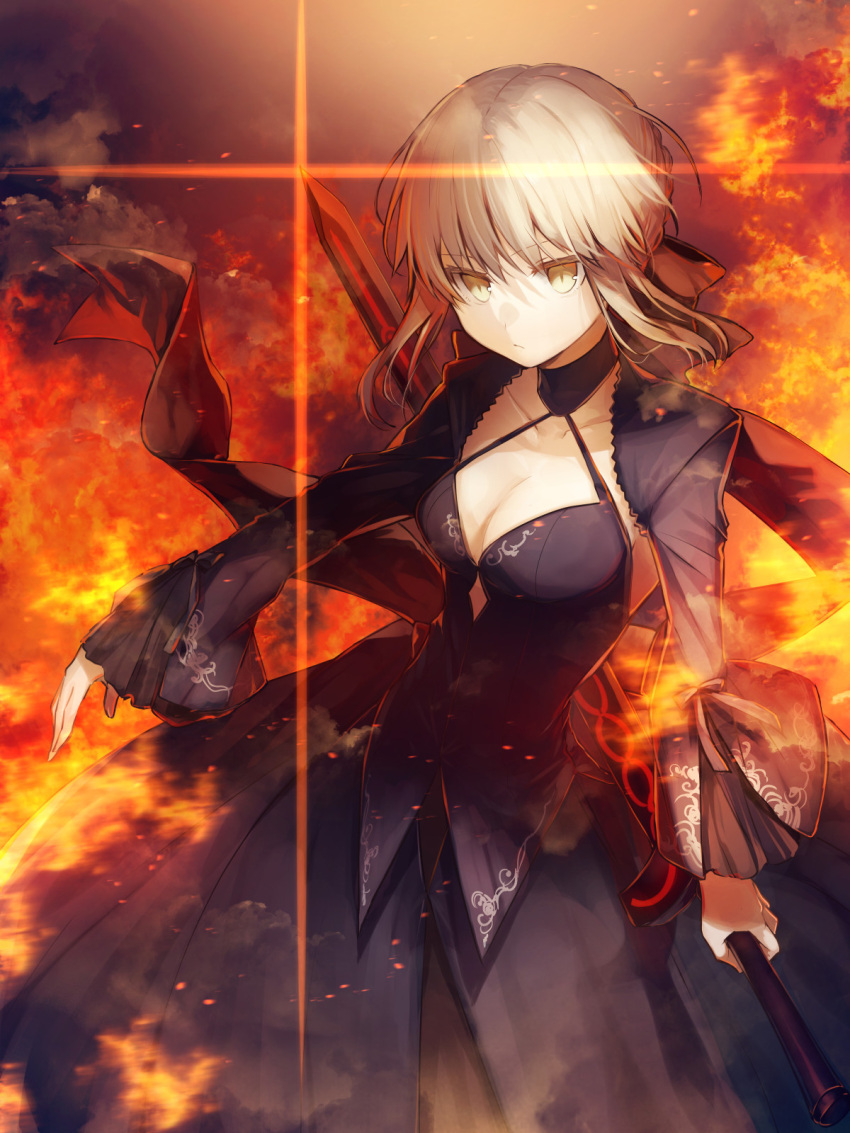 1girl bangs black_bow black_dress blonde_hair bow breasts cleavage collarbone commentary dark_excalibur dress expressionless eyebrows eyebrows_visible_through_hair fate/grand_order fate/stay_night fate_(series) fire glint gothic_lolita hair_bow halterneck highres holding holding_sword holding_weapon kazutake_hazano lolita_fashion looking_at_viewer puffy_sleeves saber saber_alter short_hair smoke solo sword weapon yellow_eyes