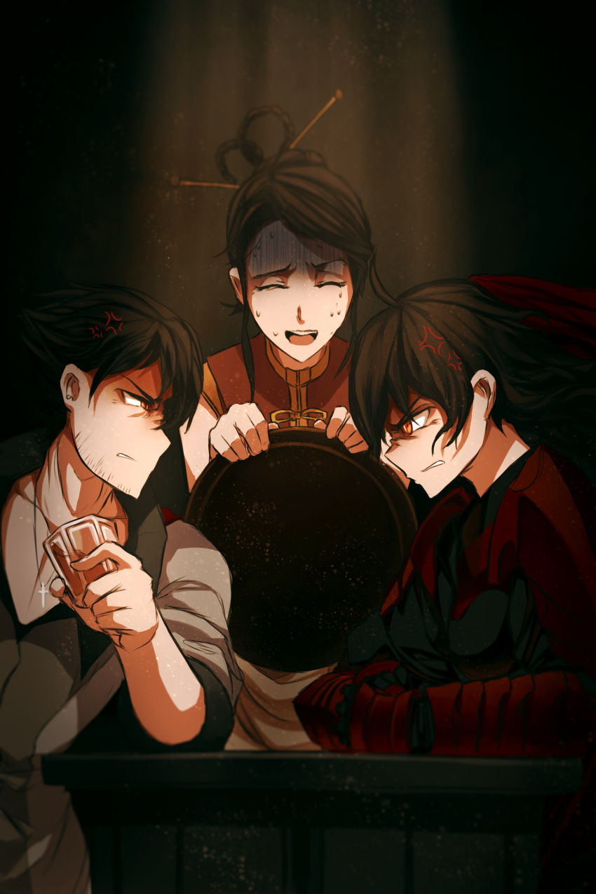1boy 2girls absurdres alcohol angry black_hair brother_and_sister chinese_clothes closed_eyes cross cross_necklace cup dishwasher1910 drinking_glass eye_contact glass highres jewelry looking_at_another multiple_girls necklace qrow_branwen raven_branwen red_eyes rwby siblings sneer spoilers staring sweatdrop tray waitress