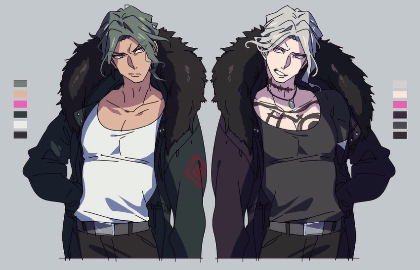 2boys belt clenched_teeth coat color_guide contrapposto cropped_torso dangan_ronpa dangan_ronpa_3 dual_persona fur_trim green_hair grey_background hair_intakes hand_on_hip jewelry kakio_romio male_focus multiple_boys necklace pink_eyes sakakura_juuzou short_hair silver_hair simple_background symmetrical_pose symmetry tattoo teeth