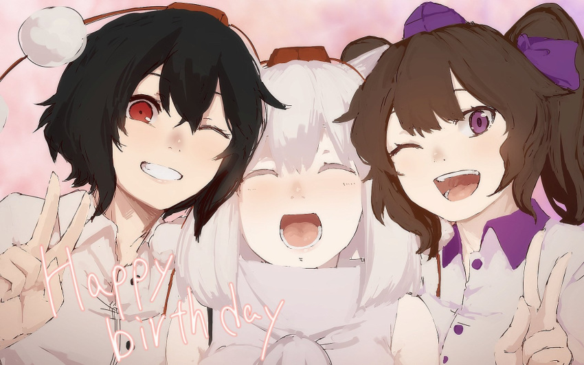 3girls ;) ;d ^_^ animal_ears bare_shoulders birthday black_hair brown_hair buttons closed_eyes collared_shirt commentary detached_sleeves grin hair_between_eyes happy_birthday hat highres himekaidou_hatate inubashiri_momiji looking_at_viewer multiple_girls one_eye_closed open_mouth pink_background pom_pom_(clothes) pose purple_hat red_eyes red_hat shameimaru_aya shirt short_hair silver_hair smile terimayo text tokin_hat touhou twintails v violet_eyes white_hair white_shirt wolf_ears