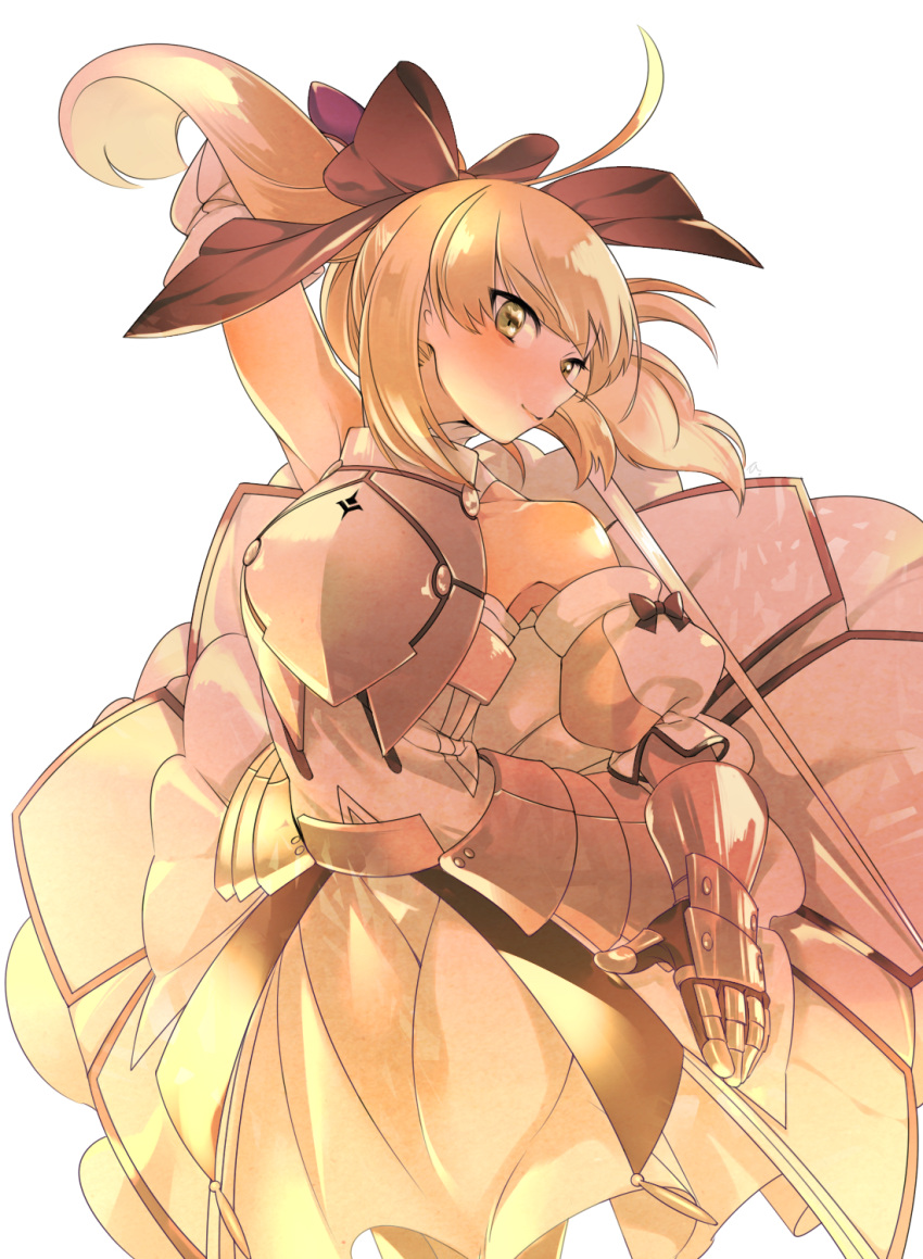 1girl arm_behind_head armor bare_shoulders blonde_hair blush caliburn detached_sleeves dress fate/unlimited_codes fate_(series) game_cg gauntlets green_eyes highres hikizan holding holding_sword holding_weapon long_hair looking_at_viewer ponytail saber saber_lily simple_background smile solo sword weapon white_background