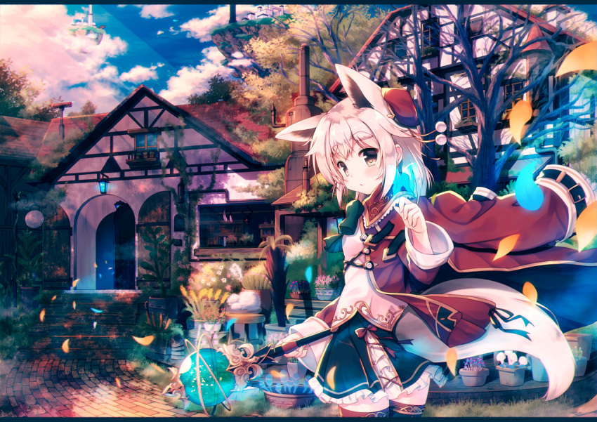 1girl animal_ears bare_tree beret black_legwear black_ribbon blue_sky blush bow brick brick_floor clouds cloudy_sky commentary eyebrows floating_island fox_ears frilled_skirt frills grass green_bow hat heater holding holding_staff house jacket light_rays looking_at_viewer looking_back misaki_yuu_(dstyle) original parted_lips path petals plant red_jacket red_ribbon ribbon road scenery short_hair silver_hair skirt sky solo staff standing thick_eyebrows thigh-highs tree white_hair wind yellow_eyes