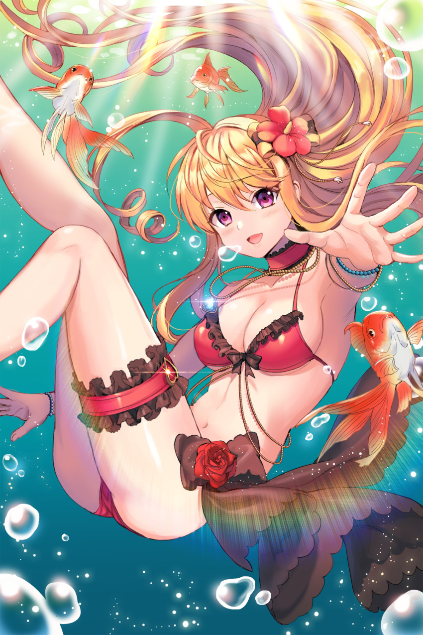 1girl :d air_bubble animal arm_at_side armpits bangs bare_shoulders bead_bracelet bead_necklace beads bikini blonde_hair blush bow bracelet breasts choker cinia_pacifica cleavage curly_hair eyebrows eyebrows_visible_through_hair fingernails fish floating_hair flower frilled_bikini frills from_side glint goldfish gradient hair_between_eyes hair_bow hair_flower hair_ornament hc_(razel1) heart highres jewelry knee_up leg_garter leg_up light_particles light_rays long_hair looking_at_viewer medium_breasts navel necklace open_mouth outstretched_arm pendant red_bikini red_flower red_rose rose shade shiny shiny_skin sideboob smile spread_fingers stomach string_bikini striped striped_bow submerged swimsuit sword_girls under_boob very_long_hair yellow_bow