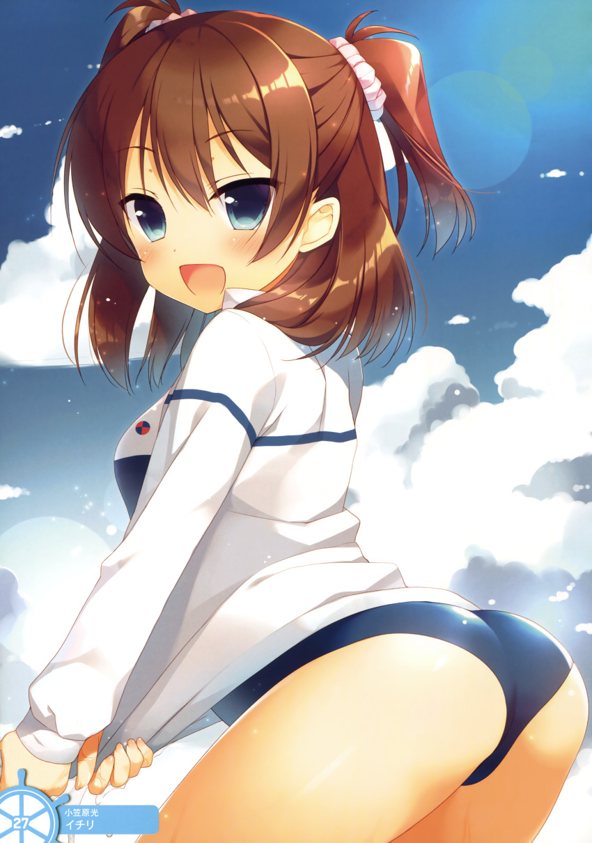 1girl absurdres ass blue_eyes brown_hair clouds cloudy_sky competition_swimsuit eyebrows eyebrows_visible_through_hair hair_ornament hair_scrunchie high_school_fleet highres jacket leaning_forward looking_at_viewer ogasawara_hikari one-piece_swimsuit open_clothes open_jacket open_mouth sazaki_ichiri scan scrunchie short_hair sky solo swimsuit two_side_up wet wet_clothes white_jacket