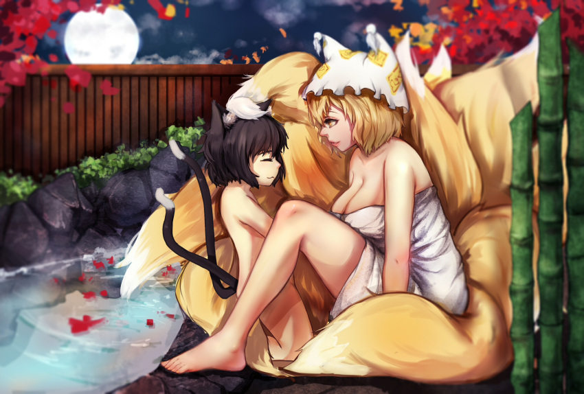 2girls animal_ears autumn_leaves bamboo black_hair blonde_hair breasts bush cat_ears cat_tail chen cleavage closed_eyes clouds collarbone convenient_leg fence flat_chest fluffy fox_tail from_side full_moon hat highres large_breasts leaf looking_at_another moon moonlight multiple_girls multiple_tails naked_towel night night_sky nude on_head onsen pantie_painting parted_lips pillow_hat ripples rock short_hair sitting sitting_on_rock size_difference sky smile steam tail thighs touhou towel two_tails water wooden_fence yakumo_ran yellow_eyes |3