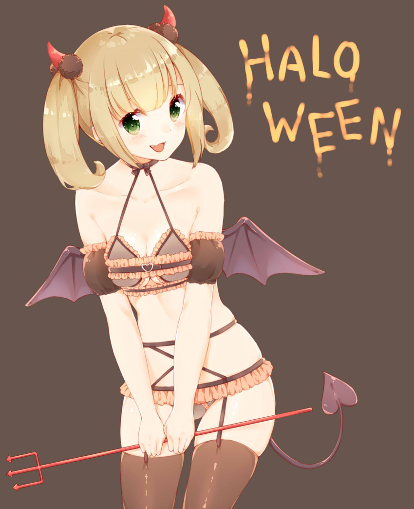 1girl :d azuki_(krps-hano) black_legwear blonde_hair blush breasts brown_background cleavage collarbone commentary cowboy_shot demon_tail demon_wings eyebrows fang garter_belt garter_straps green_eyes halloween heart highres horns idolmaster idolmaster_cinderella_girls imp lingerie looking_at_viewer medium_breasts open_mouth pitchfork race_limitation_(lingerie) satou_shin see-through shiny shiny_hair simple_background smile solo tail thigh-highs thighs twintails underwear wings