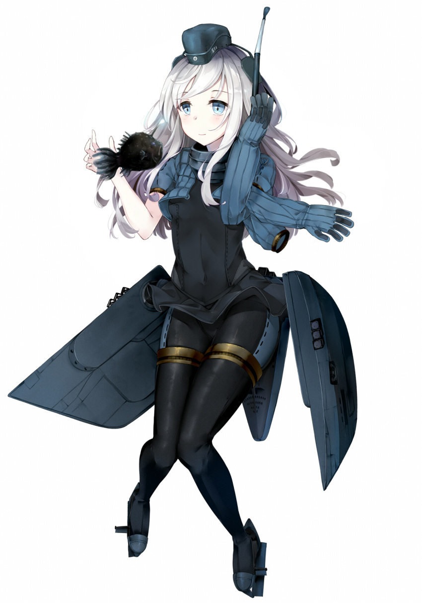 1girl anglerfish animal bangs black_legwear black_swimsuit blue_eyes blue_jacket blush breasts character_name closed_mouth covered_navel cropped_jacket fish floating_hair full_body garrison_cap gloves_removed gorget hat highres jacket kantai_collection knees_together_feet_apart long_hair looking_at_another machinery number pantyhose pantyhose_under_swimsuit puffy_short_sleeves puffy_sleeves rudder_shoes short_sleeves silver_hair simple_background single_glove small_breasts smile snorkel somalisu swept_bangs swimsuit thigh_strap u-511_(kantai_collection) white_background