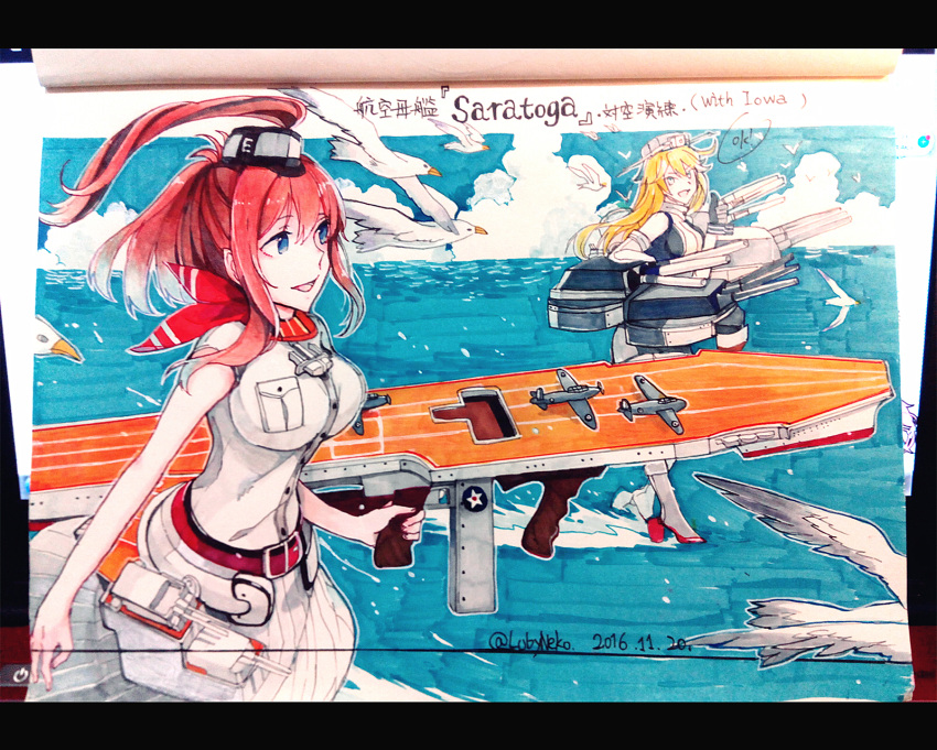 2girls belt bird blonde_hair blouse blue_eyes breasts clouds english high_heels highres holding holding_weapon iowa_(kantai_collection) kantai_collection large_breasts long_hair lubyneko machinery marker_(medium) multiple_girls neckerchief ocean ponytail red_neckerchief redhead rigging saratoga_(kantai_collection) seagull skirt smile traditional_media trigger_discipline weapon white_blouse white_skirt
