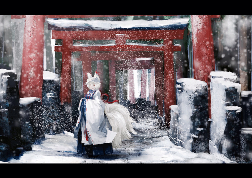 1girl blonde_hair blue_skirt fox_tail hands_in_sleeves hat highres kaatoso long_skirt long_sleeves looking_at_viewer outdoors pillow_hat rope skirt snow snowing solo standing tail torii touhou wide_sleeves winter yakumo_ran
