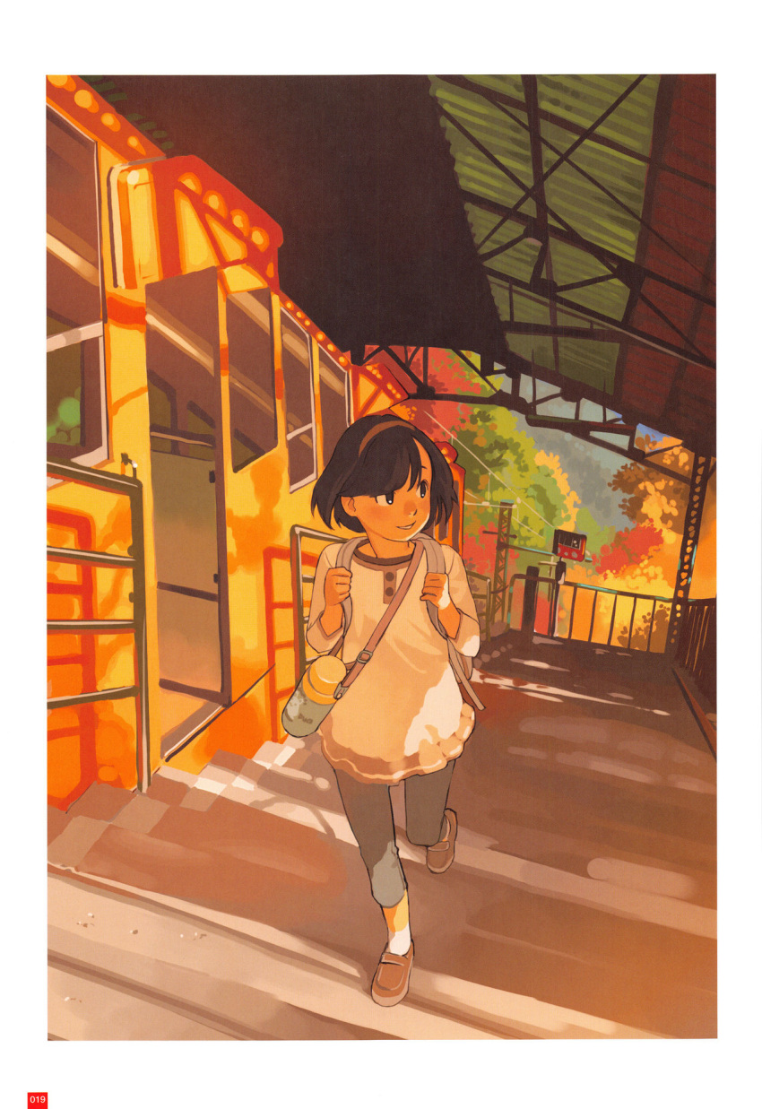 1girl autumn_leaves backpack bag black_eyes blouse brown_eyes brown_hair brown_shoes capri_pants funicular hairband highres holding_strap loafers long_sleeves looking_away looking_to_the_side original overhead_line page_number pants parted_lips railing scan shade shoes short_hair smile socks solo source_request stairs sunlight sunset takamichi tan thermos train_station walking white_border white_legwear
