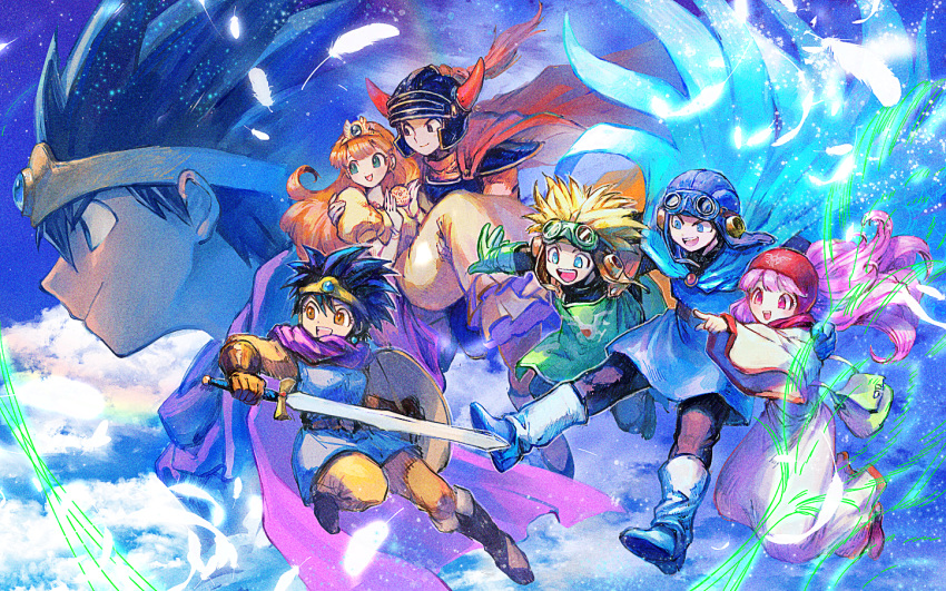 3girls 4boys black_hair blonde_hair blue_armor blue_cape blue_eyes blue_headwear blue_sky boots brown_eyes cape carrying clouds cloudy_sky dragon_quest dragon_quest_i dragon_quest_ii dragon_quest_iii dress full_body gloves goggles goggles_on_headwear helmet hero_(dq1) heroine_(dq3) holding holding_shield holding_sword holding_weapon long_hair long_sleeves multiple_boys multiple_girls open_mouth orange_cape orange_hair pointing pointing_forward prince_of_lorasia prince_of_samantoria princess_carry princess_laura princess_of_moonbrook purple_cape purple_hair red_cape red_eyes red_headwear roto shield short_hair sky sword tiara tunic weapon yellow_dress yuza