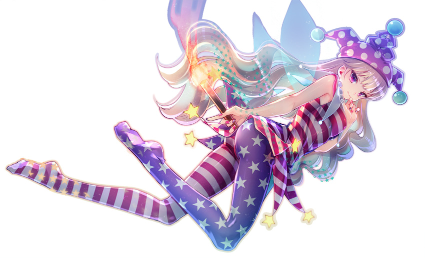 1girl american_flag_dress american_flag_legwear ass bangs blonde_hair breasts closed_mouth clownpiece dress fairy_wings fire full_body hat jester_cap light_smile long_hair looking_at_viewer medium_breasts miyuki_ruria nail_polish neck_ruff no_shoes pantyhose pink_eyes polka_dot short_dress sleeveless sleeveless_dress solo star star_print striped torch touhou transparent_background very_long_hair wavy_hair wings