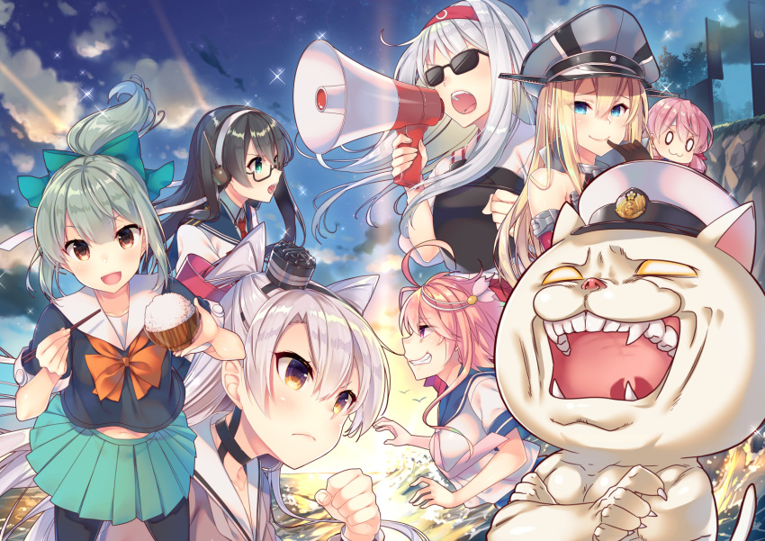 &gt;:3 &gt;:d &gt;:o 6+girls :3 :d :o ahoge akashi_(kantai_collection) amatsukaze_(kantai_collection) bismarck_(kantai_collection) black_hair blonde_hair blue_eyes brown_eyes cat chopsticks clenched_hand commentary_request crossed_arms glasses green_hair grey_hair grin hair_ornament hair_tubes hairband hat headset highres i-58_(kantai_collection) kantai_collection long_hair looking_at_viewer megaphone midriff multiple_girls muneate navel non-human_admiral non-human_admiral_(kantai_collection) o_o ooyodo_(kantai_collection) open_mouth peaked_cap pink_hair pleated_skirt ponytail rice_bowl sailor_collar school_uniform semi-rimless_glasses serafuku shoukaku_(kantai_collection) skirt sky smile sunglasses tahya two_side_up under-rim_glasses yuubari_(kantai_collection)