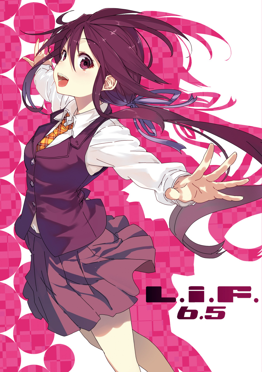 1girl absurdres brown_eyes brown_hair brown_skirt eyebrows eyebrows_visible_through_hair hair_between_eyes hair_ribbon highres long_hair necktie open_mouth outstretched_arms pleated_skirt ponytail purple_ribbon ribbon shirabi_(life-is-free) skirt solo yellow_necktie