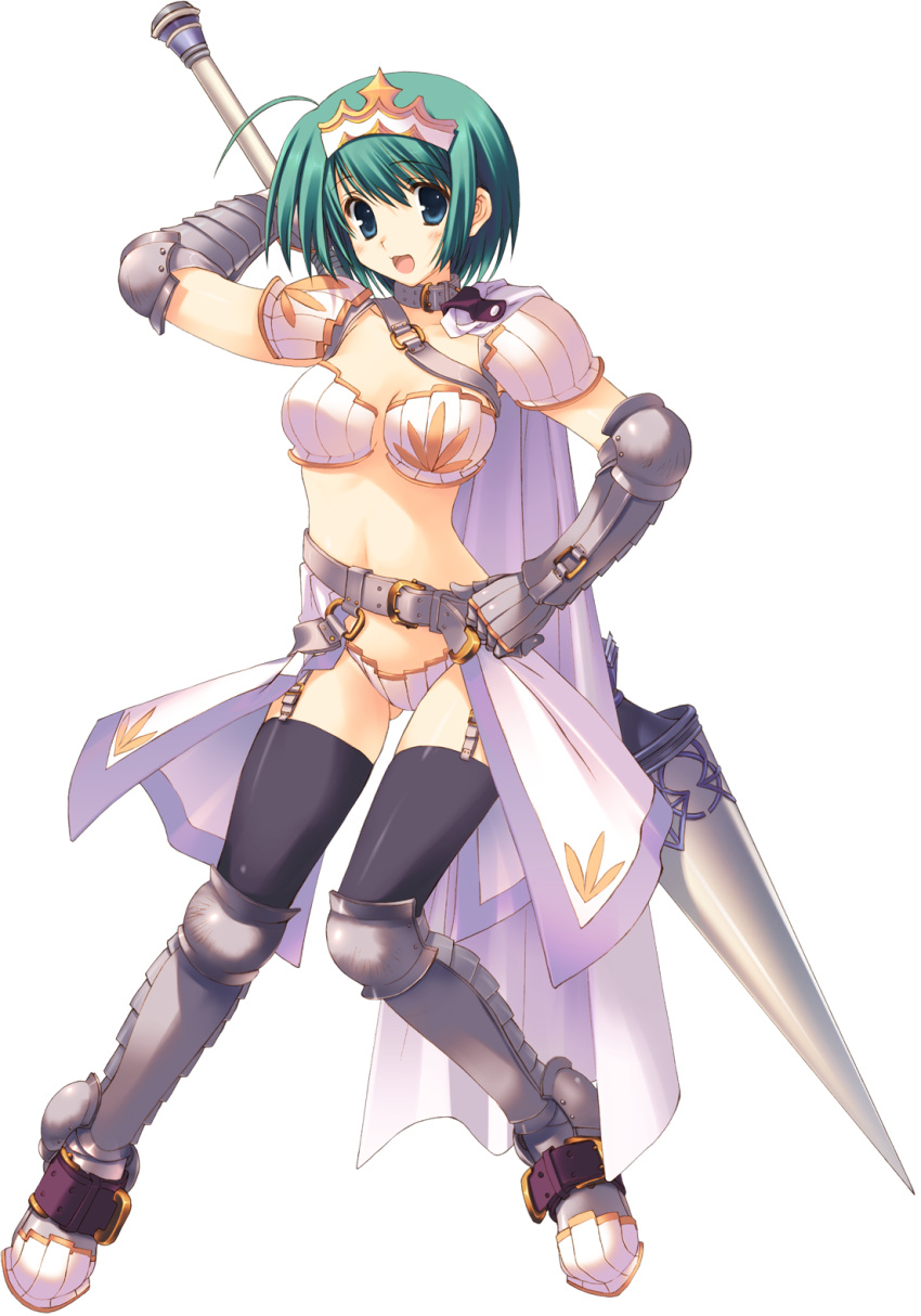 1girl armor armored_boots artist_request belt bikini_armor black_legwear blue_eyes boots cape collar full_body gauntlets greaves green_hair hair_ornament hand_on_hip highres holding holding_weapon knees_together_feet_apart open_mouth polearm revealing_clothes short_hair shoulder_pads smile solo spear standing tiara to_heart_2 to_heart_2_dungeon_travelers transparent_background waist_cape weapon yoshioka_chie