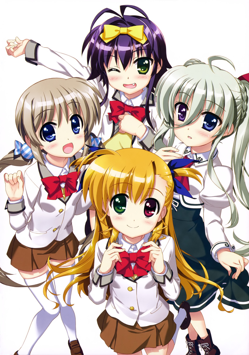 4girls :d ;d absurdres antenna_hair arm_up black_skirt blonde_hair blue_eyes blue_ribbon bow bowtie brown_skirt closed_mouth corona_timir einhart_stratos eyebrows eyebrows_visible_through_hair fang fujima_takuya green_eyes hair_between_eyes hair_bow hair_ribbon highres light_brown_hair long_hair lyrical_nanoha mahou_shoujo_lyrical_nanoha mahou_shoujo_lyrical_nanoha_vivid multiple_girls official_art one_eye_closed one_leg_raised open_mouth pleated_skirt purple_hair red_bow red_eyes ribbon rio_wezley school_uniform silver_hair simple_background skirt skirt_hold smile striped thigh-highs twintails two_side_up violet_eyes vivio white_background white_legwear white_ribbon yellow_bow zettai_ryouiki