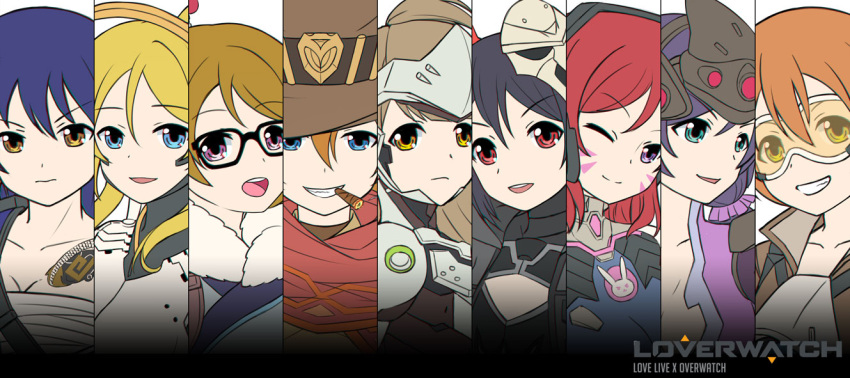 6+girls aqua_eyes armor ayase_eli black_hair blonde_hair blue_eyes blue_hair breasts brown_eyes brown_hair cigar cleavage column_lineup cosplay cowboy_hat d.va_(overwatch) d.va_(overwatch)_(cosplay) facial_mark genji_(overwatch) genji_(overwatch)_(cosplay) glasses goggles grin hanzo_(overwatch) hanzo_(overwatch)_(cosplay) hat headgear hoshizora_rin kelinch1 koizumi_hanayo kousaka_honoka looking_at_viewer love_live! love_live!_school_idol_project mask mask_on_head mccree_(overwatch) mccree_(overwatch)_(cosplay) mei_(overwatch) mei_(overwatch)_(cosplay) mercy_(overwatch) mercy_(overwatch)_(cosplay) minami_kotori multiple_girls nishikino_maki one_eye_closed open_mouth orange_hair overwatch parody reaper_(overwatch) reaper_(overwatch)_(cosplay) red_eyes redhead sarashi smile sonoda_umi tattoo toujou_nozomi tracer_(overwatch) tracer_(overwatch)_(cosplay) violet_eyes widowmaker_(overwatch) widowmaker_(overwatch)_(cosplay) yazawa_nico