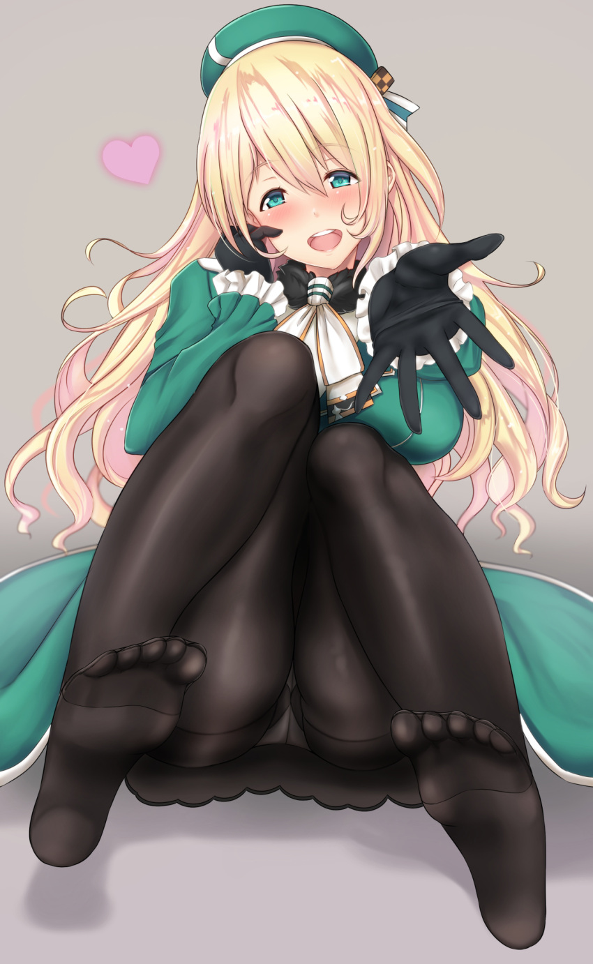 1girl alternate_color alternate_costume atago_(kantai_collection) blonde_hair breasts feet gloves green_eyes heart highres huge_breasts kantai_collection long_hair looking_at_viewer no_shoes open_mouth pantyhose sitting smile solo thigh-highs untsue