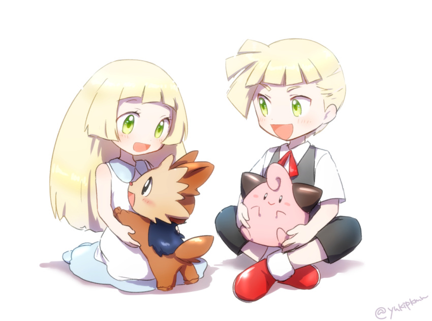 1boy 1girl :&gt; black_pants black_vest blonde_hair brother_and_sister cleffa dress gladio_(pokemon) green_eyes lillie_(pokemon) lillipup long_hair open_mouth pants pokemon pokemon_(anime) pokemon_(creature) pokemon_sm_(anime) short_hair siblings simple_background sitting sleeveless sleeveless_dress vest white_background white_dress younger yuki56