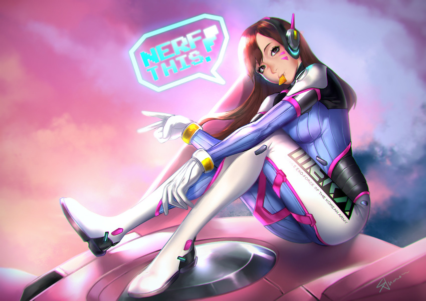 1girl acronym bodysuit boots bracer breasts brown_eyes brown_hair bunny_print clothes_writing clouds cloudy_sky d.va_(overwatch) doritos eyelashes facepaint facial_mark gloves head_tilt headphones knees_up long_hair long_sleeves mecha medium_breasts meka_(overwatch) mouth_hold overwatch pauldrons pilot_suit ribbed_bodysuit shoulder_pads signature sijumon sitting skin_tight sky solo thigh-highs thigh_boots turtleneck v whisker_markings white_boots white_gloves