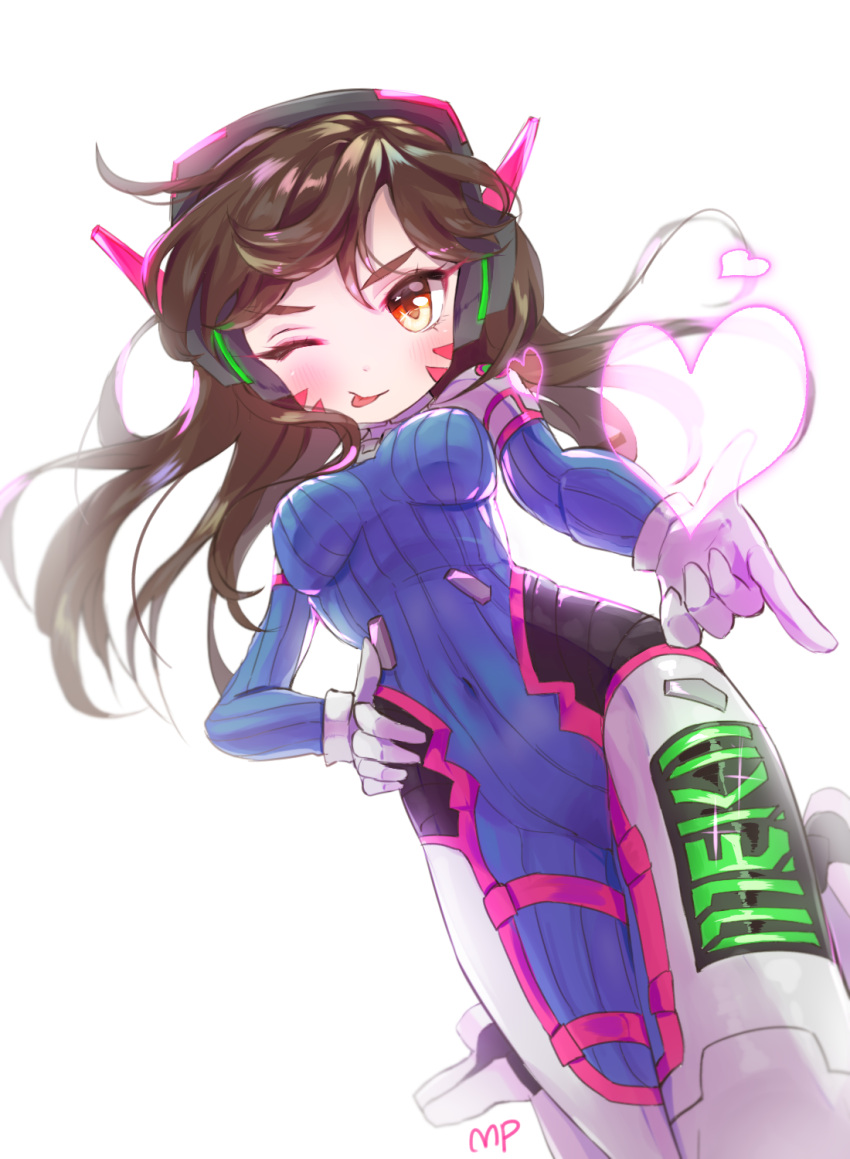 1girl ;p backlighting bangs bodysuit bracer breasts brown_eyes brown_hair bunny_print clothes_writing covered_navel cowboy_shot d.va_(overwatch) dutch_angle facepaint facial_mark finger_gun foreshortening hand_on_hip headphones heart high_collar highres long_hair looking_at_viewer medium_breasts mp_(h_mirus) one_eye_closed overwatch pilot_suit pointing pointing_at_viewer ribbed_bodysuit shoulder_pads simple_background skin_tight solo swept_bangs tongue tongue_out whisker_markings white_background