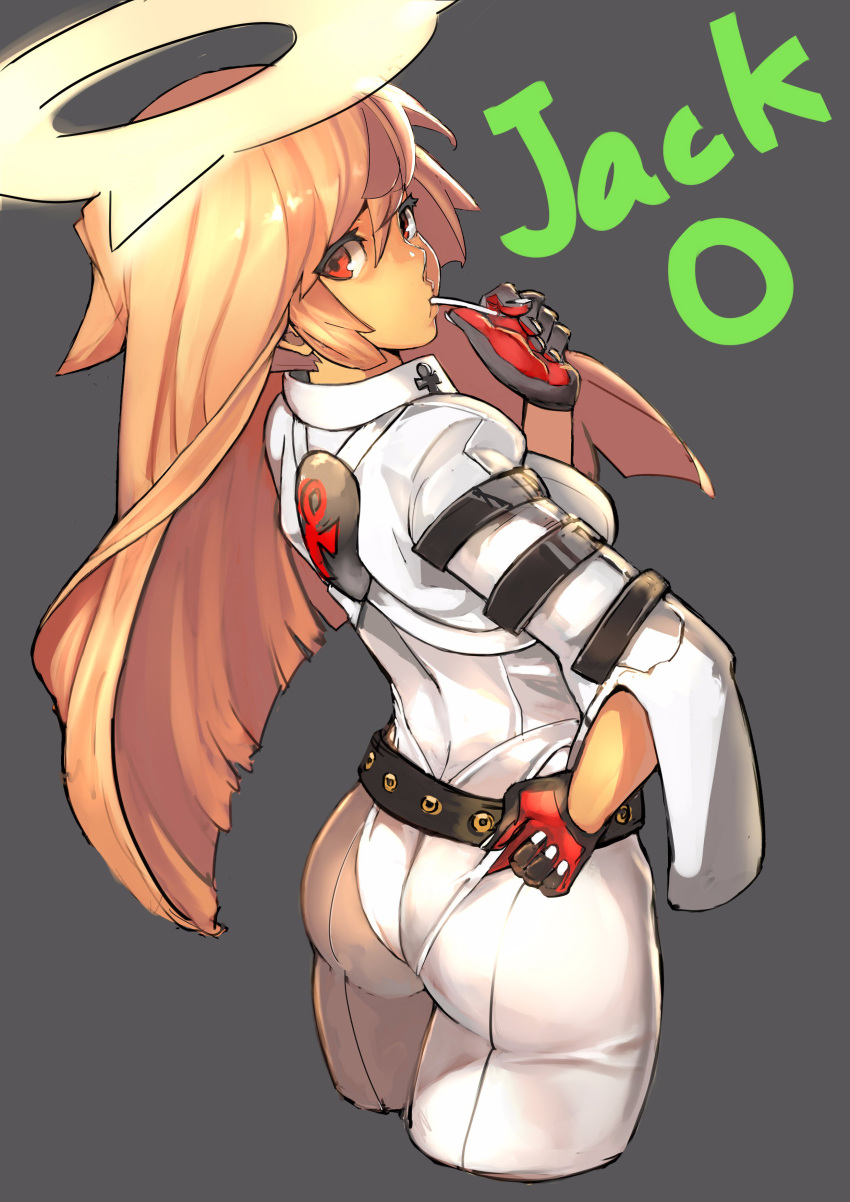 1girl absurdres adjusting_clothes ass belt candy character_name food from_behind gloves guilty_gear guilty_gear_xrd halo highres jack-o_(guilty_gear) jacket leotard lollipop looking_at_viewer looking_back mouth_hold orange_hair pants red_eyes solo unizama white_pants