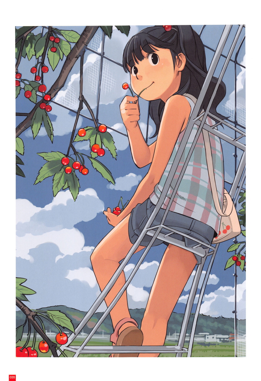 1girl bag black_eyes black_hair clouds eating greenhouse hair_bobbles hair_ornament highres looking_back miniskirt original sitting skirt sleeveless solo takamichi