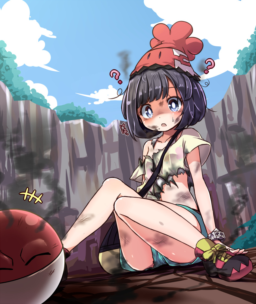 1girl :o ? ^_^ bag beanie black_hair blue_eyes bob_cut bruise bruise_on_face burnt burnt_clothes closed_eyes confused crater female_protagonist_(pokemon_sm) happy hat highres injury knees_together_feet_apart midriff mimikyu mimikyu_(pokemon) open_mouth pokemon pokemon_(creature) pokemon_(game) pokemon_sm shikei_(jigglypuff) shirt shoes short_hair short_shorts shorts shoulder_bag sitting smile smoke sneakers sweatdrop torn_clothes torn_shirt voltorb
