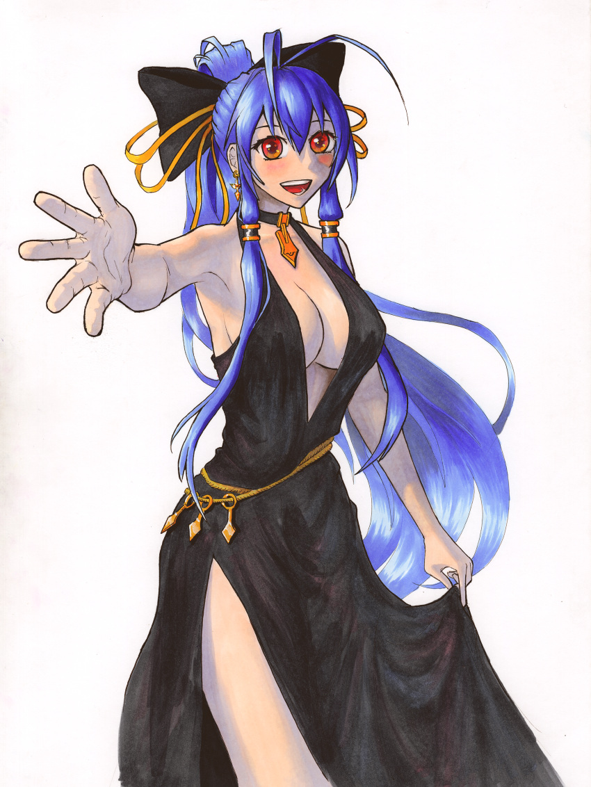 1girl :d absurdres antenna_hair bag bare_legs bare_shoulders black_bow black_dress black_ribbon blazblue blue_hair blush bow breasts choker cleavage dress earrings evening_gown foreshortening formal from_side genderswap genderswap_(mtf) gown hair_between_eyes hair_bow hair_ribbon hair_tubes handbag high_heels highres holding holding_dress huge_filesize jewelry large_breasts long_dress long_hair looking_at_viewer mai_natsume no_bra open-back_dress open_mouth outstretched_arm outstretched_hand ponytail reaching red_eyes redi ribbon ribbon_choker side_slit sideboob sidelocks simple_background smile solo standing thighs toes traditional_media very_long_hair white_background