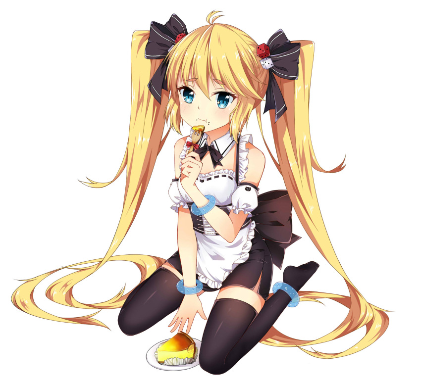 1girl alternate_costume andrea_doria_(zhan_jian_shao_nyu) anklet apron bare_shoulders black_legwear blonde_hair blue_eyes bow bracelet cheesecake corset detached_sleeves dice dice_hair_ornament eating enmaided food food_on_face fork frills hair_bow hair_ornament highres jewelry kkkkkey long_hair looking_at_viewer maid miniskirt short_sleeves sitting skirt solo thigh-highs twintails very_long_hair wariza white_background zettai_ryouiki zhan_jian_shao_nyu