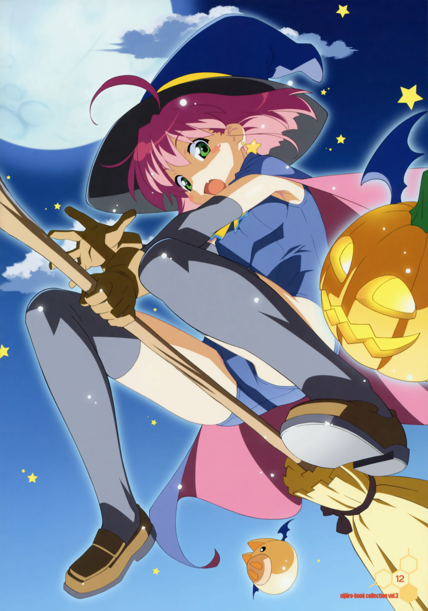 1girl absurdres ahoge alice_wishheart blush bow bowtie broom broom_riding cape clouds crotch earrings elbow_gloves gloves green_eyes hat highres jack-o'-lantern jewelry magical_halloween mary_janes moon open_mouth pig pink_hair school_swimsuit shoes sky star starry_background swimsuit thigh-highs watanabe_akio witch witch_hat