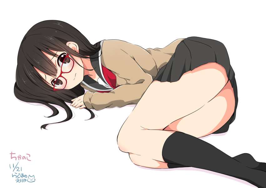 1girl artist_name black_legwear black_skirt cardigan chijou_noko chikanoko closed_mouth commentary_request dated eyebrows glasses kneehighs long_hair long_sleeves looking_at_viewer lying neckerchief no_shoes on_side original ragho_no_erika red-framed_eyewear school_uniform signature simple_background skirt smile solo thighs white_background