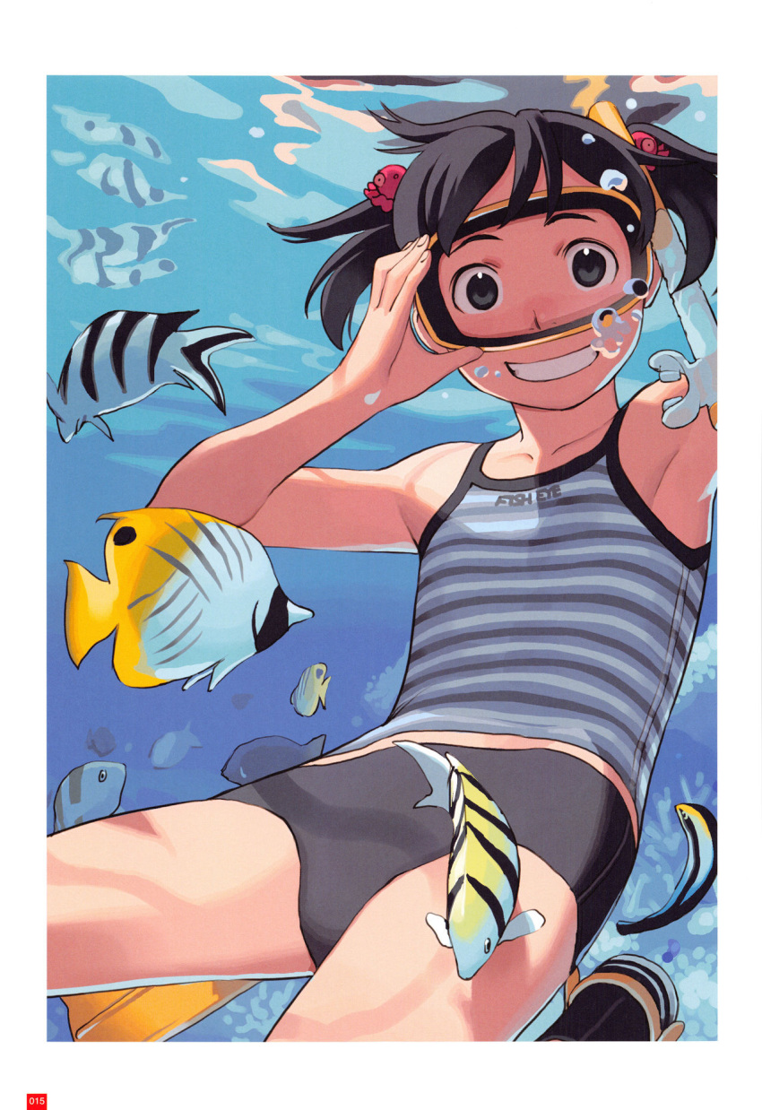 1girl air_bubble black_eyes breath bubble diving fish flat_chest flippers freediving goggles highres holding_breath original short_hair smile snorkel solo swimsuit takamichi tank_top tankini underwater