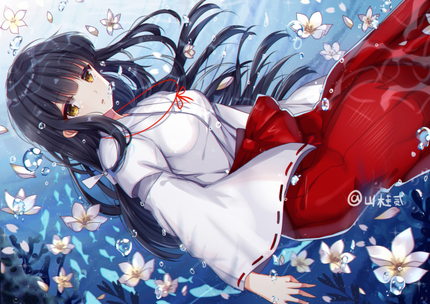 1girl air_bubble bangs black_hair blunt_bangs breasts closed_mouth eyebrows eyebrows_visible_through_hair from_side gejigejier hair_ribbon hakama inuyasha japanese_clothes kikyou_(inuyasha) long_hair long_sleeves looking_at_viewer medium_breasts miko parted_lips red_hakama ribbon ribbon_trim school_of_fish silhouette solo straight_hair submerged twitter_username underwater white_flower wide_sleeves yellow_eyes