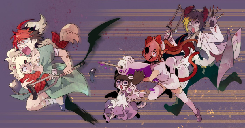 2boys 3girls aireen_(show_by_rock!!) anna_spire black_hair black_necktie blonde_hair bow carrying closed_eyes collar crow_(show_by_rock!!) crutch demon_bat dress fangs glasses hacksaw hair_bow hair_ornament hairclip hockey_mask hospital_gown labcoat large_syringe long_hair maruboku motion_lines multicolored_hair multiple_boys multiple_girls necktie nurse oversized_object purple running scalpel shouting show_by_rock!! slippers smile spiked_collar spikes stethoscope streaked_hair syringe tail thigh-highs two-tone_hair yaginupan