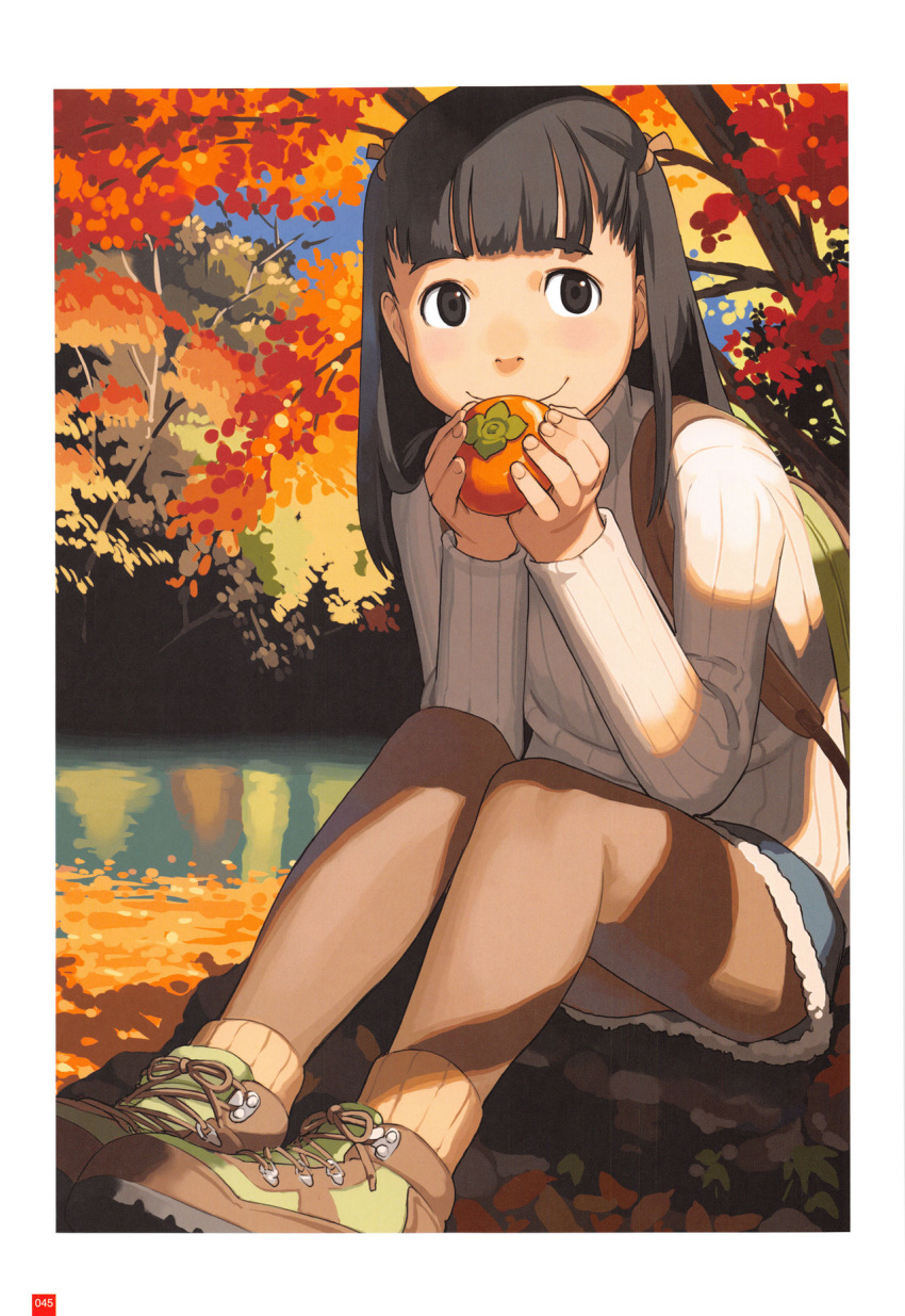 1girl autumn autumn_leaves backpack bag bangs bare_legs black_eyes black_hair blunt_bangs cross-laced_footwear food fruit hair_ribbon highres holding holding_fruit lake legs_together long_hair long_sleeves looking_at_viewer miniskirt nature on_ground original outdoors page_number pantyhose ribbed_legwear ribbed_sweater ribbon scan shoes sitting skirt smile sneakers socks solo sweater takamichi tree turtleneck white_border