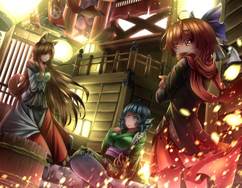 3girls ahoge animal_ears architecture bare_shoulders black_shirt blue_bow blue_eyes blue_hair bow breasts brown_eyes brown_hair closed_mouth cowboy_shot crossed_arms dress east_asian_architecture fish_tail hair_bow hair_over_one_eye head_fins high_collar highres imaizumi_kagerou japanese_clothes kimono lampion long_hair long_sleeves looking_at_viewer medium_breasts mermaid monster_girl multiple_girls obi off-shoulder_dress off_shoulder red_eyes red_scarf red_skirt redhead ringlets sash scarf sekibanki shirt short_hair skirt sleeves_past_wrists smile tail touhou tsubame_(tsubamebame) tub very_long_hair wakasagihime wolf_ears wolf_girl wolf_girt wolf_tail
