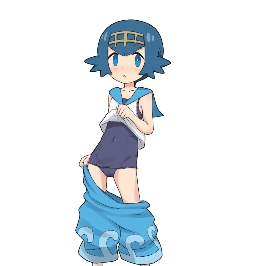 10s 1girl :o bangs bare_shoulders blue_eyes blue_hair blue_pants blue_swimsuit blush child collarbone covered_navel embarrassed flat_chest flipped_hair hairband highres legs_apart lifted_by_self looking_at_viewer old_school_swimsuit one-piece_swimsuit pants pants_pull pokemon pokemon_(game) pokemon_sm pulled_by_self sailor_collar shirt shirt_lift short_eyebrows short_hair sidelocks simple_background sleeveless sleeveless_shirt solo standing suiren_(pokemon) surprised swimsuit swimsuit_under_clothes undressing white_background white_shirt yakihebi