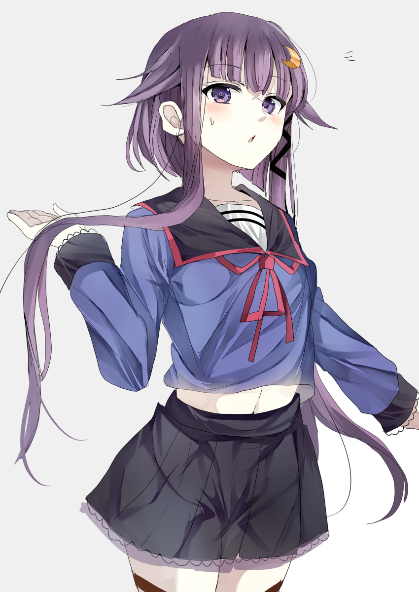 1girl blush commentary_request crescent crescent_hair_ornament grey_background hair_ornament highres kantai_collection long_sleeves looking_at_viewer neck_ribbon older pleated_skirt purple_hair ribbon sailor_collar sameya school_uniform short_hair_with_long_locks skirt solo stomach violet_eyes yayoi_(kantai_collection)