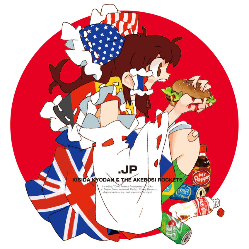 1girl american_flag bandaid bandaid_on_knee brand_name_imitation brazilian_flag brown_eyes brown_hair can detached_sleeves dripping food french_flag german_flag hair_ornament hair_ribbon hair_tubes hakurei_reimu hamburger highres japanese_flag ketchup messy open_can open_mouth profile ribbon soda soda_bottle soda_can solo squatting taqro touhou union_jack