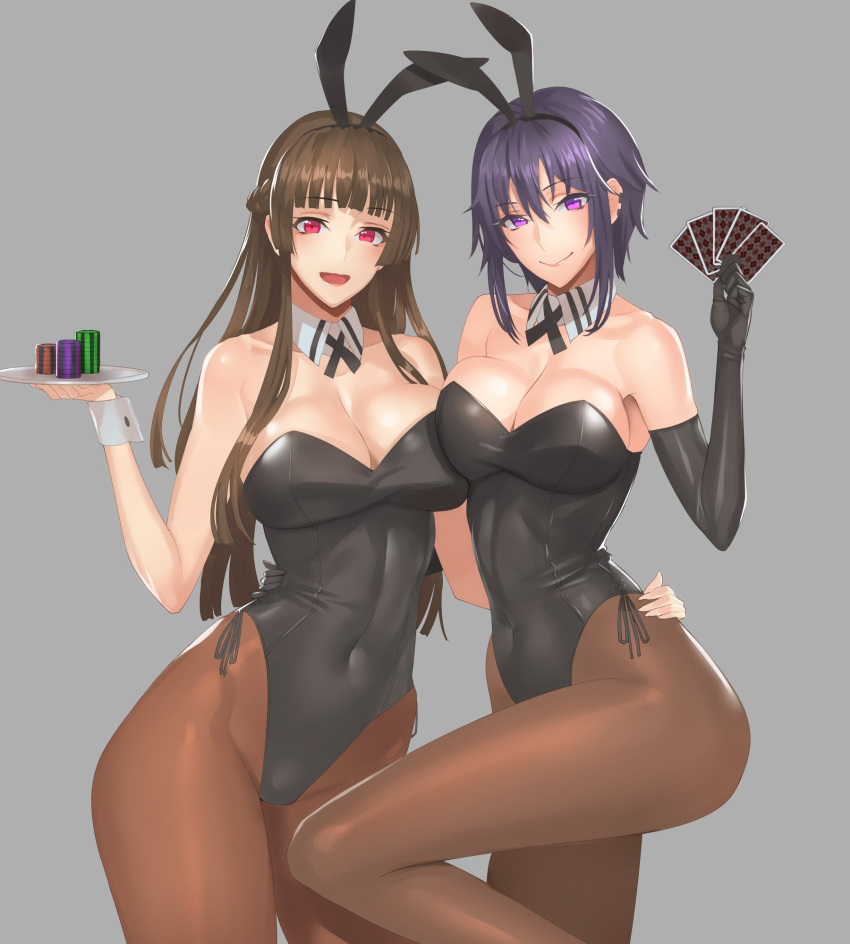 2girls animal_ears argyle bangs bare_shoulders black_gloves breast_press breasts brown_hair bunnysuit card covered_navel daglasses detached_collar ear_piercing elbow_gloves eyebrows eyebrows_visible_through_hair gloves grey_background hands_on_another's_hips highres jewelry large_breasts leg_up long_hair looking_at_viewer multiple_girls original pantyhose piercing poker_chip purple_hair red_eyes short_hair smile thick_thighs thighs tray violet_eyes wrist_cuffs