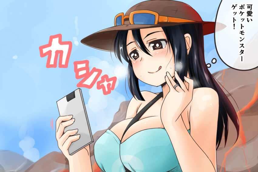 1girl between_breasts black_hair breasts brown_eyes cellphone character_request commentary_request eyebrows hair_between_eyes hat jewelry large_breasts long_hair mature nishi_koutarou phone pokemon pokemon_(game) pokemon_sm ring sightseer_(pokemon) smartphone solo thought_bubble upper_body