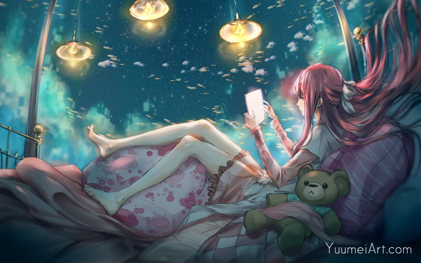 1girl barefoot brown_hair dress fish from_side highres long_hair rin_(shelter) shelter_(music_video) solo stuffed_animal stuffed_toy teddy_bear wenqing_yan