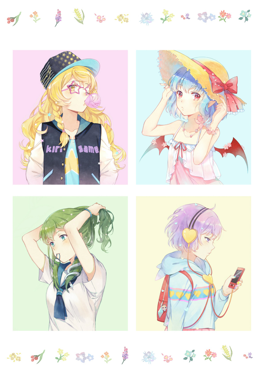 4girls adapted_costume animal_hood armpit_peek arms_at_sides backpack bag bag_charm bangs bare_shoulders bat_wings bead_necklace beads blue_background blue_hair blush bow bracelet braid breasts cable camisole casual character_name closed_mouth clothes_writing collarbone crystal digital_media_player ekira_nieto eyebrows eyebrows_visible_through_hair eyelashes female fingernails flat_chest frog_hair_ornament from_side frown green_background green_hair gum hair_ornament hair_ornament_removed hair_tie hair_tubes hands_on_headwear hat hat_bow hat_ribbon headphones heart heart_print highres holding holding_hair hood hood_down hoodie jacket jewelry kirisame_marisa kochiya_sanae komeiji_satori lace_trim letterman_jacket long_hair long_sleeves looking_at_viewer medium_breasts mouth_hold multiple_girls nail_polish neckerchief necklace one_eye_closed open_clothes open_jacket pink-framed_eyewear pink_background pink_flower pointy_ears profile purple_hair red_eyes red_nails red_ribbon remilia_scarlet ribbon school_uniform serafuku sharp_fingernails shirt short_hair short_sleeves side_braid sidelocks simple_background single_braid sleeveless snake_hair_ornament spaghetti_strap star star-shaped_glasses star_print straw_hat summer t-shirt touhou tying_hair uniform upper_body violet_eyes wings