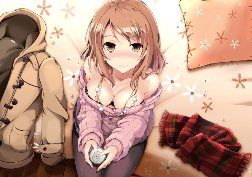 1girl bare_shoulders bed bed_sheet black_bra blush bra bra_peek breasts brown_coat brown_eyes brown_hair can cleavage closed_mouth coat coat_removed collarbone downblouse earrings floral_print from_above holding hooded_coat houjou_karen idolmaster idolmaster_cinderella_girls jewelry kiki_(koikuchikinako) long_hair long_sleeves looking_at_viewer looking_up medium_breasts necklace nose_blush on_bed open_clothes open_coat pantyhose pillow pink_sweater plaid plaid_scarf red_scarf ribbed_sweater scarf sitting sleeves_past_wrists smile soda_can sweater thighband_pantyhose underwear wooden_floor