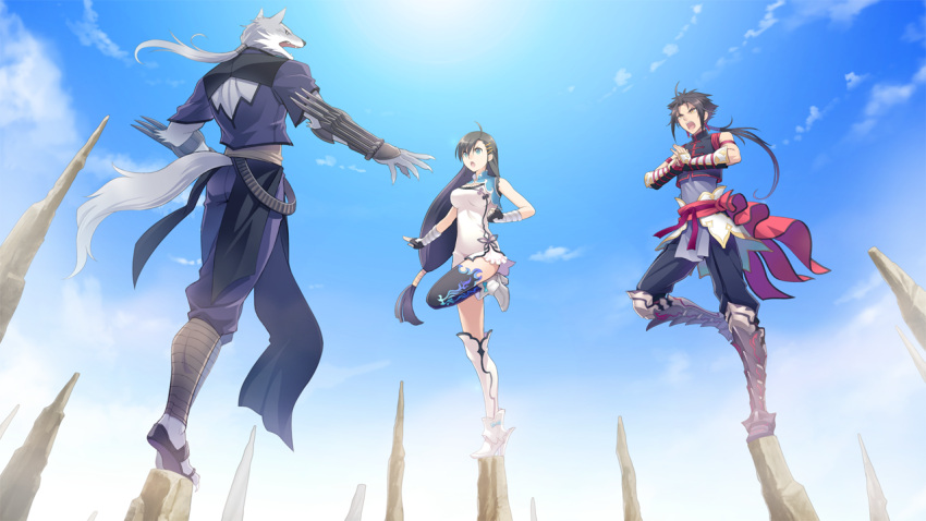 1girl 2boys ahoge armor armored_boots asymmetrical_legwear back bandage bare_shoulders belt black_hair black_pants blade_arcus_from_shining blue_clothes blue_eyes boots bracer breasts china_dress chinese_clothes claw_(weapon) claws clenched_hand clouds crop_top day dress fenrir_(shining_blade) fingerless_gloves fingernails flame_print from_below full_body furry game_cg gloves greaves hair_between_eyes hair_ornament hairclip hands_clasped high_heels knee_boots knee_up kneehighs long_hair looking_at_another low-tied_long_hair medium_breasts microdress multiple_boys open_mouth outdoors outstretched_arm pairon pants ponytail punishment ryuga_(blade_arcus_from_shining) sandals sharp_fingernails shining_(series) shining_blade single_kneehigh single_thighhigh sky standing standing_on_one_leg tail tanaka_takayuki taut_clothes thigh-highs weapon yellow_eyes